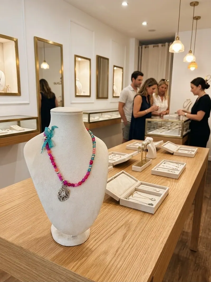 Colar de cristais rosa e azul com pingente prateado, num busto de veludo