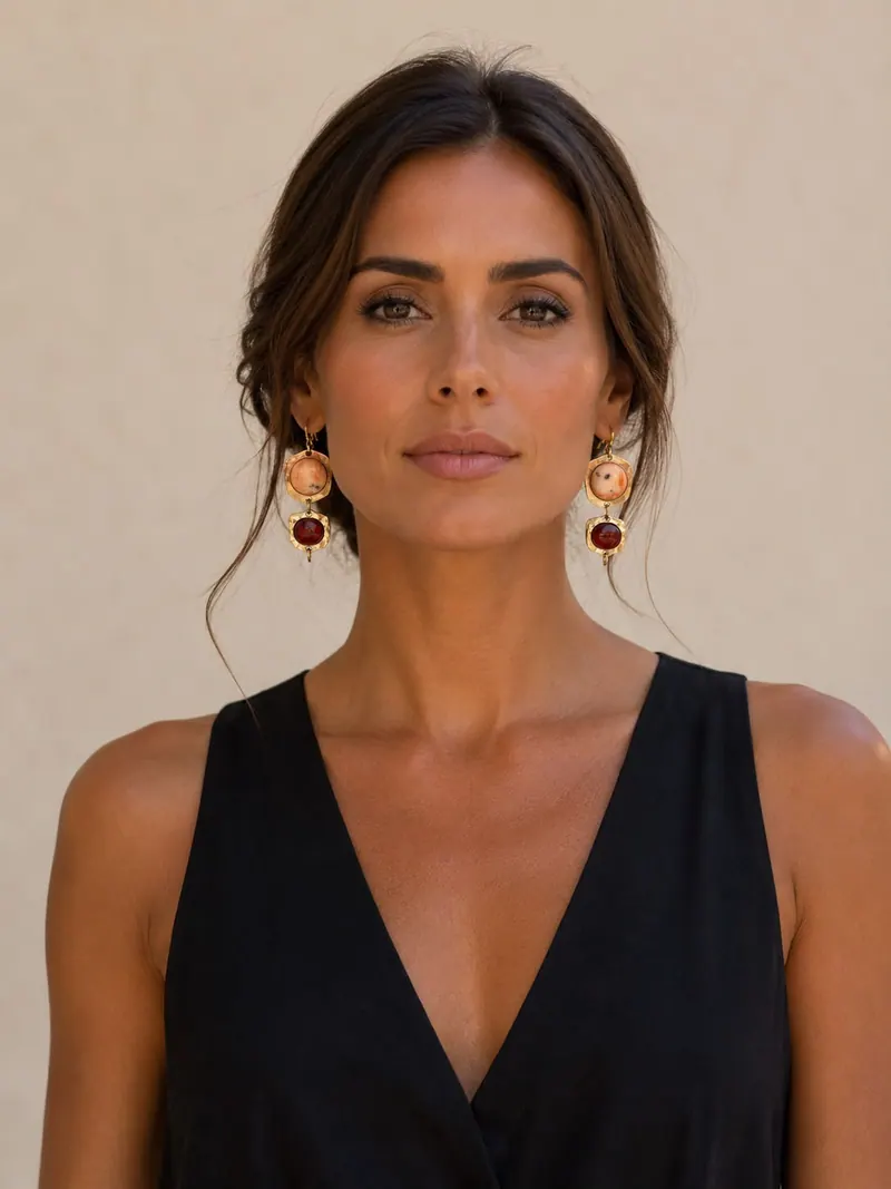Modelo de blusa preta com brincos dourados de pedras âmbar e vermelhas