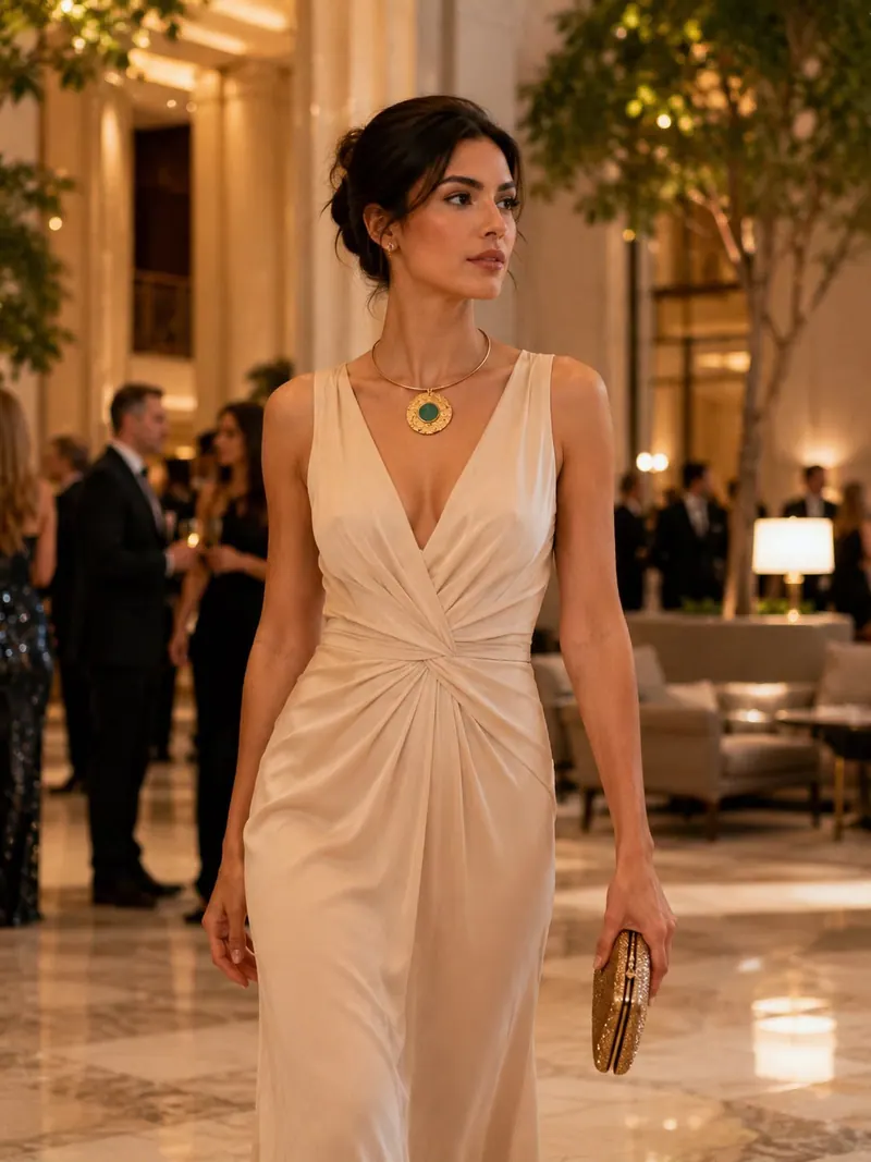 Modelo de vestido de cetim claro com colar dourado de pingente, num salão de festa