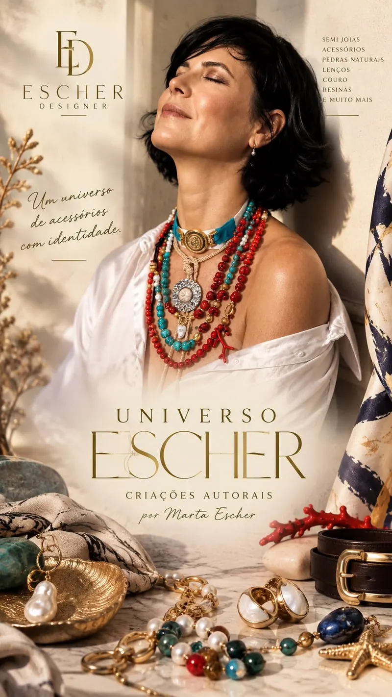 Universo Escher. Criações autorais por Marta Escher. Um universo de acessórios com identidade. Semijoias, acessórios, pedras naturais, lenços, couro, resinas e muito mais.